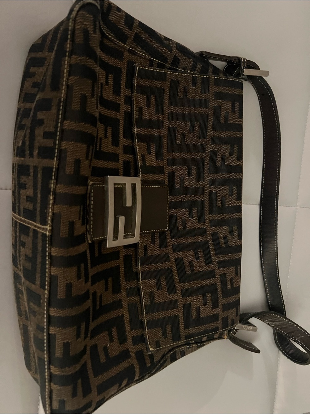 Fendi Black & Brown FF Logo Canvas baguette